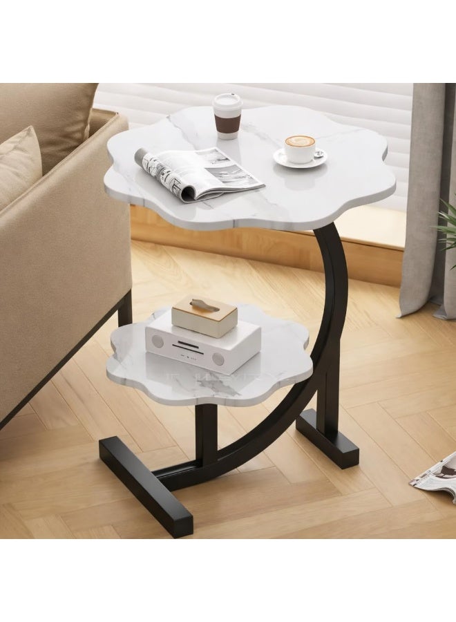 طاولة جانبية للاريكة بتصميم مزدوج الطبقات صغيرة الحجم وموفرة للمساحة مع هيكل ثابت من مادة صلبة متينة وسهلة التحريك لغرفة المعيشة وغرفة النوم والاستخدام على الاريكة (ابيض رخامي) - Image 3